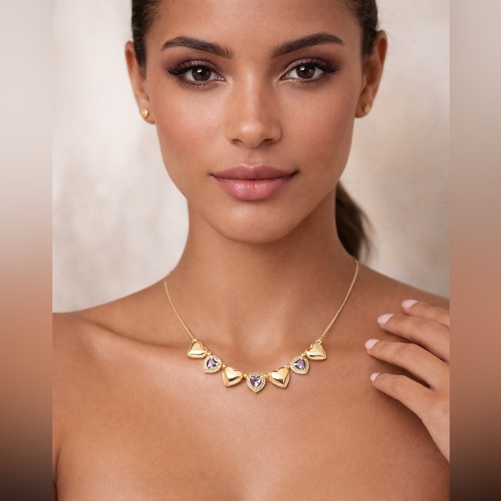 Amethyst & White Topaz Puffed Heart  18 Necklace in 14k Gold